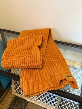 Lacoste Orange Ribbed Knit Scarf with Crocodile Logo